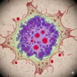 Analkræft symboliseret ved en kræftcelle der er lilla med flere røde centre og en ujævn afgrænsning. Beige baggrund.