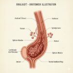 Analkræft symboliseret ved planche med skitse af nederste tarmforløb. Sorte tekster. Beige baggrund.
