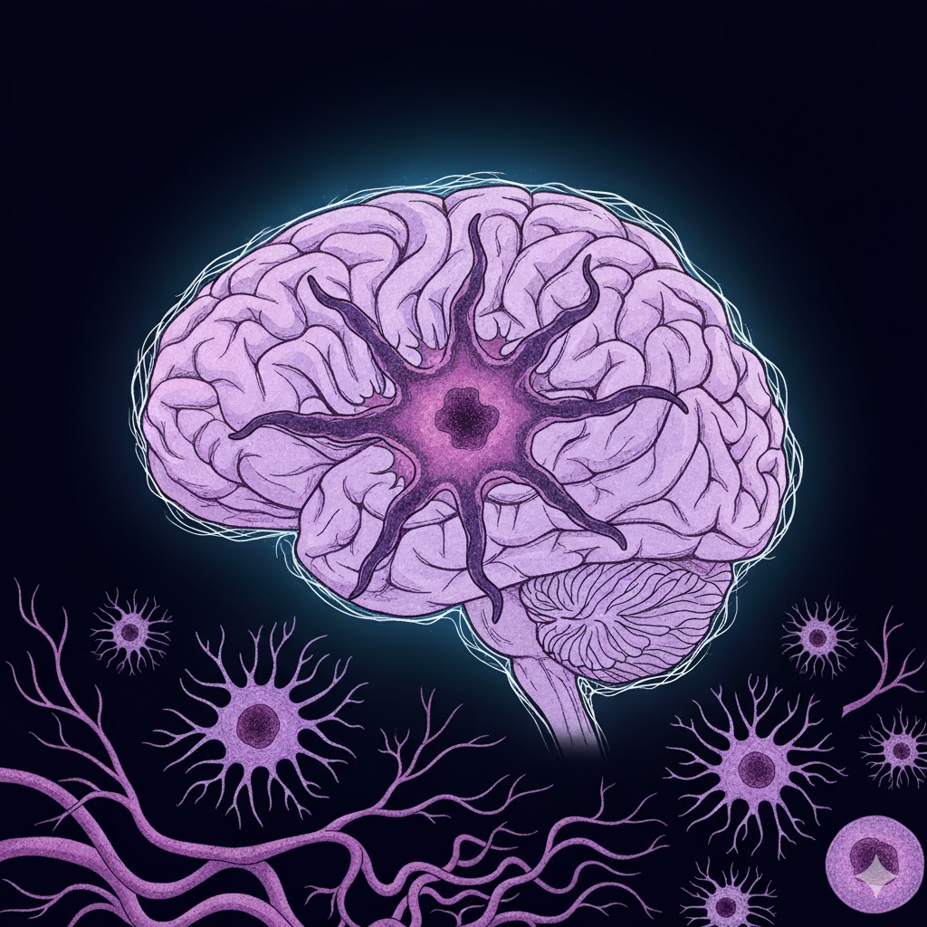 Astrocytom symboliseret ved en model af en hjerne i lilla. Nogle celler der svæver omkring denne. Mørk baggrund.
