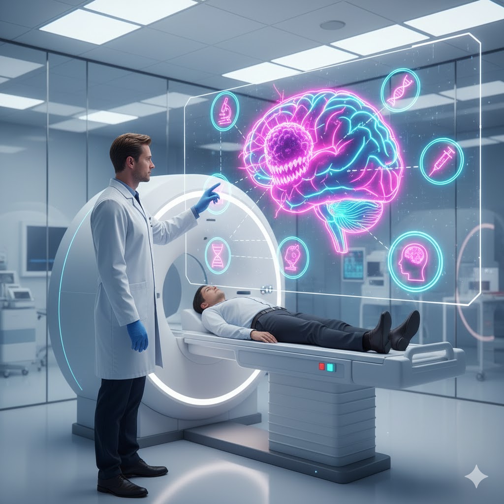 Astrocytom symboliseret ved en patient der er på vej ind i en scanner og en læge i kittel, der pege på en lysende model af en hjerne over billedet.