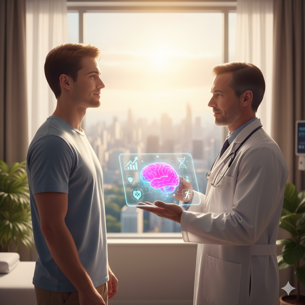 Astrocytom symboliseret ved en mandlig læge og patient der taler sammen - stående. Lægen holder en lystavle med en rosa hjerne afbildet.