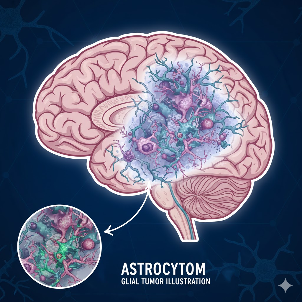 Astrocytom symboliseret ved en tegning af en hjerne set fra siden, et mindre udsnit i en lille cirkel. Mørk blå baggrund.