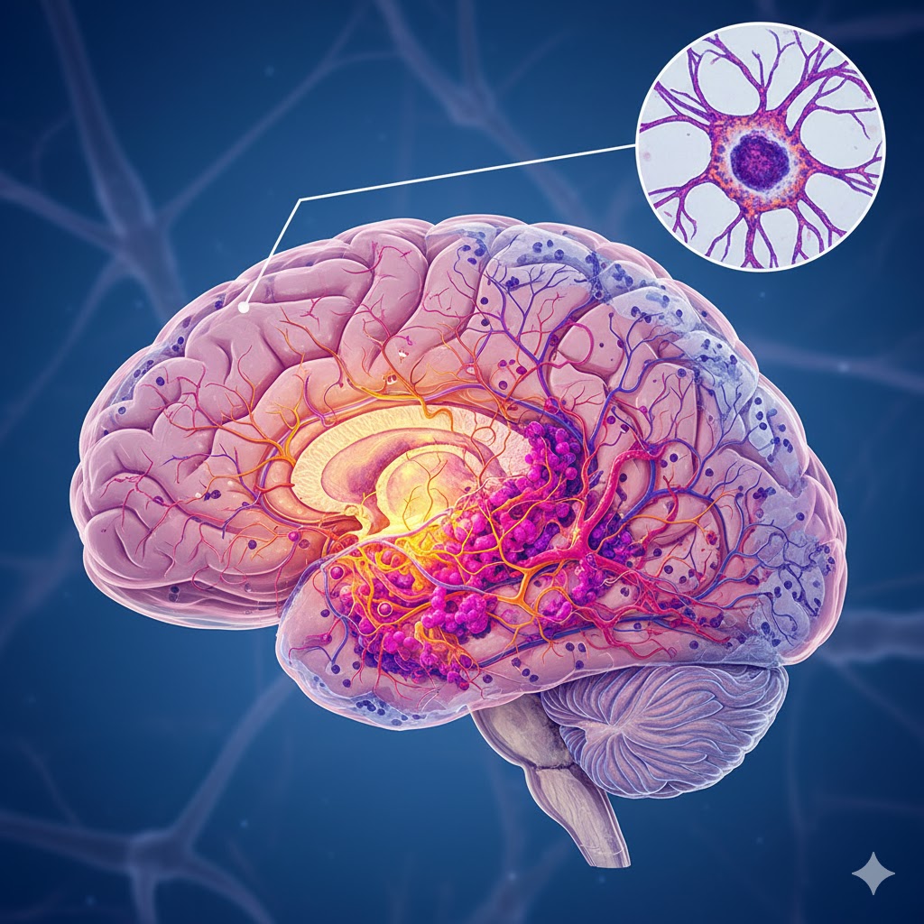 Oligodendrogliom symboliseret ved en rosa model af en hjerne, hvor der er vist forstørrelse af en lille del som en hvid cirkel med en celle i. Blå baggrund.