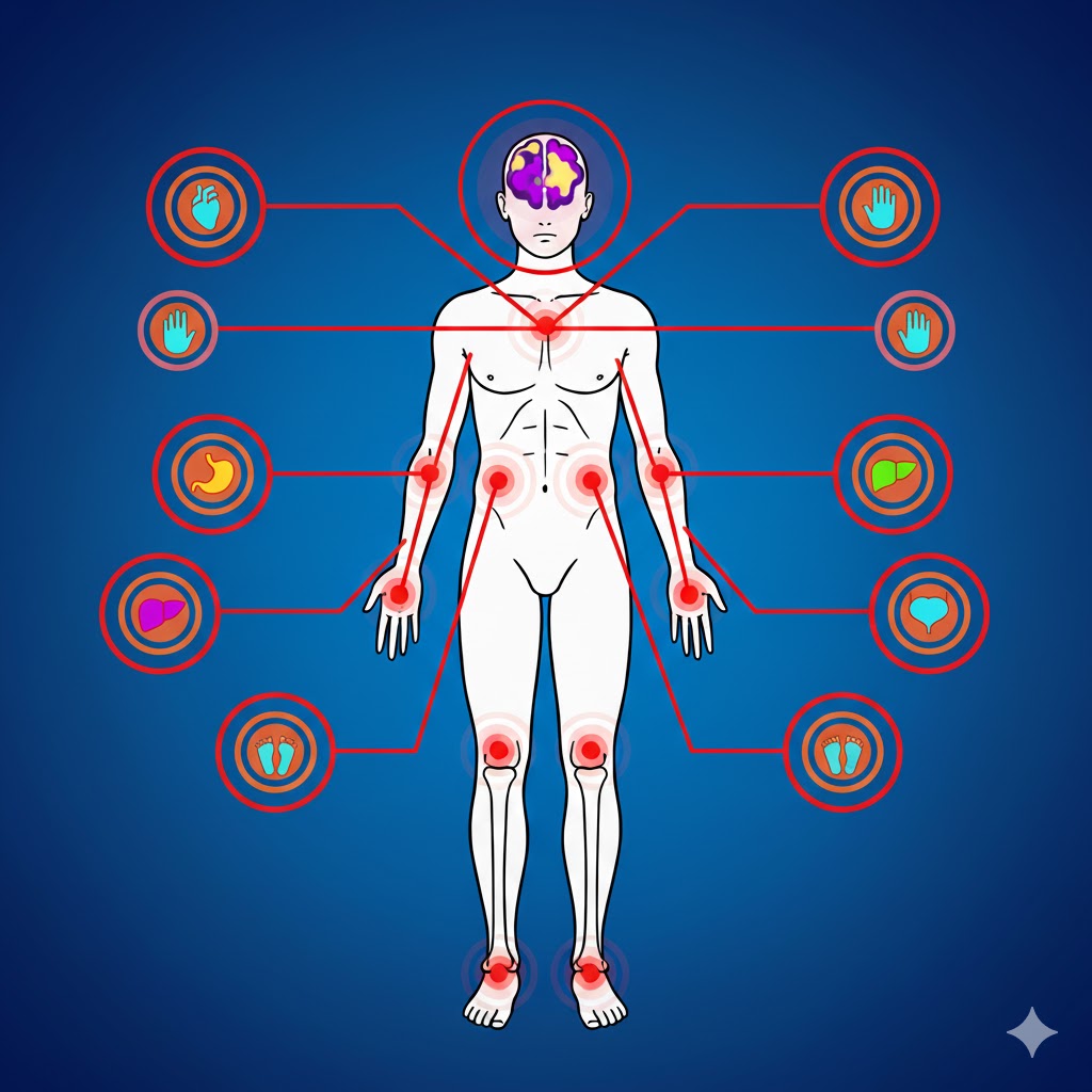 Oligodendrogliom symboliseret ved menneskesskitse, med cirkler omkring, hvor der er organer vist. Blå baggrund.