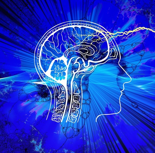 Astrocytom symboliseret ved hvis stregtegning af hjerne i profil af ansigt. Man ser også øverste del af rygraden. Blå baggrund med stråler fra midten.