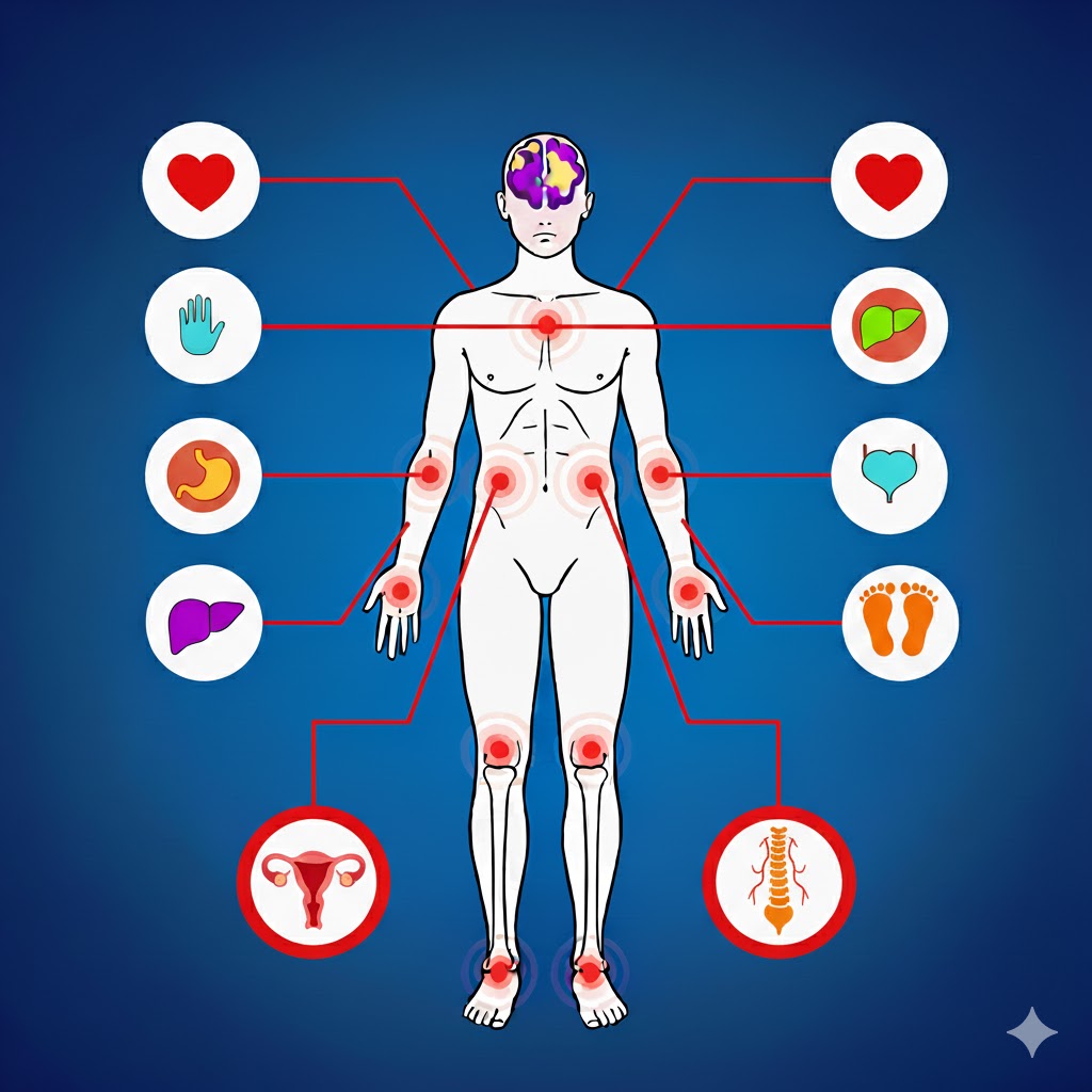 Astrocytom symboliseret ved skitse af et menneske og cirkler med symboler for organer der kan give symptomer omkring. Blå baggrund.