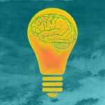 Biskjoldbruskkirtelkræft symboliseret ved en tegning af en elpære med en hjerneskitse inden i. Blå-turkis baggrund.