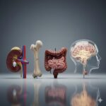 Biskjoldbruskkirtelkræft symboliseret ved modeller af nyre med nyresten, knogle, tarmsystem, og hjerne.