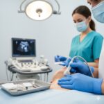 Biskjoldbruskkirtelkræft symboliseret ved en scene fra klinik, hvor der tages en biopsi.