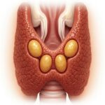 Biskjoldbruskkirtelkræft symboliseret ved model af skjoldbruskkirtlen med de 4 små bønnelignende lyse kirtler i vævet.