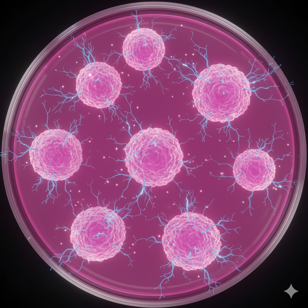 Chordom symboliseret ved en petriskål med cellelignende strukturer.