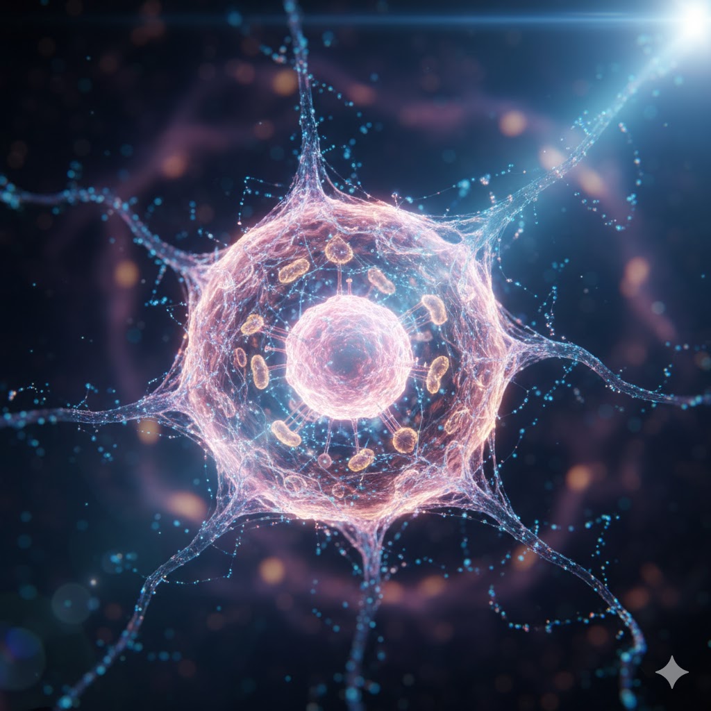 Chordom symboliseret ved en cellelignende struktur i rosa og blå. Med fangarme ud som en nervecelle. Mørk baggrund.