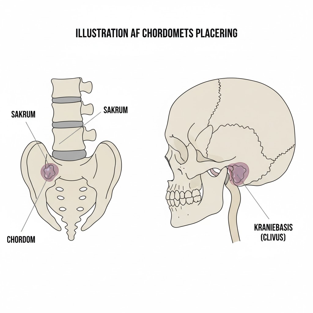 Chordom symboliseret ved et kranie i stegning og korsben. Begge med rosa plet med tekst. Hvid baggrund.