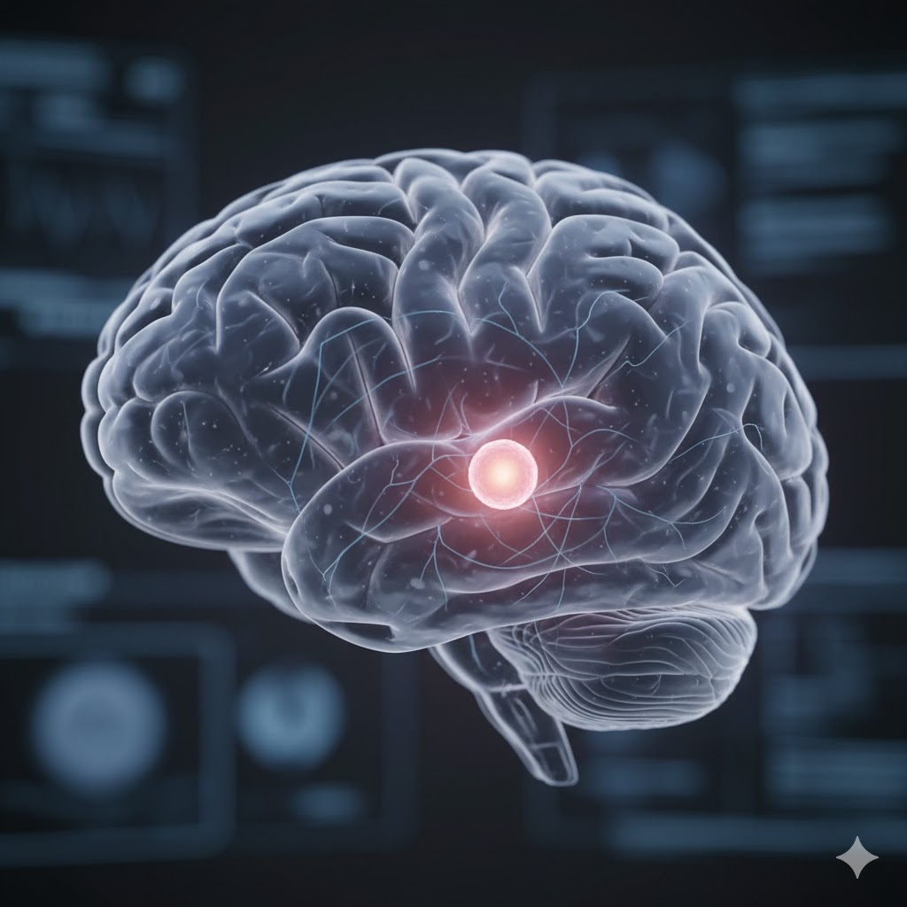 Chordom symboliseret ved model af hjerne med lysende plet i midten. Mørk baggrund.