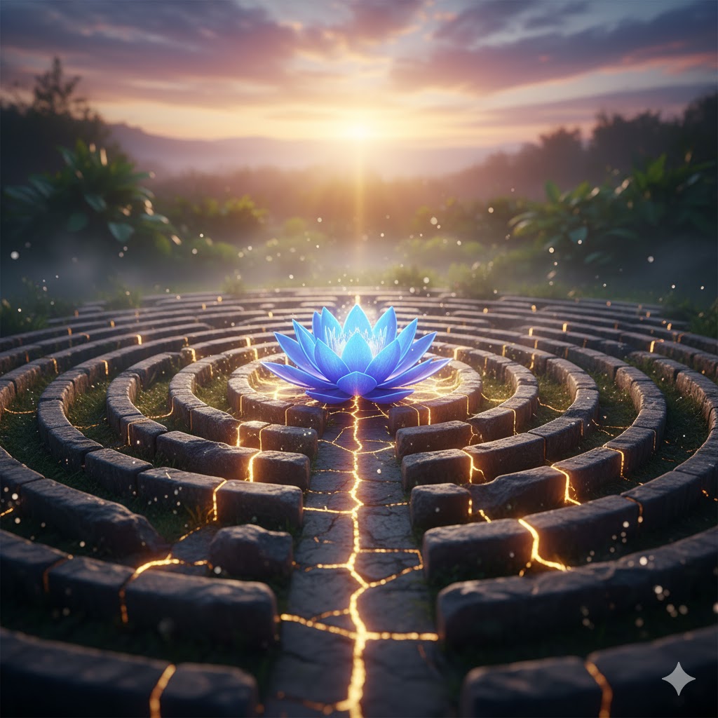Chordom symboliseret ved en blå lysende lotusblomst i midten af en cirkulær labyring af hæk-lignende vækst. Solopgang i baggrunden.