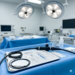 ERCP symboliseret ved den fleksible slange med monteret kamera. Operationslamper i baggrunden. Blåt sterilt stof på bord i forgrunden.