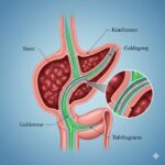 ERCP symboliseret ved principtegning af lever og galdeblære samt toldfingertarm. Lyseblå baggrund.