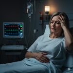 ERCP symboliseret ved en kvinde i en hospitalsseng, der tager sig til hovedet. Der er en overvågningsskræm i baggrunden.