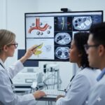 ERCP symboliseret ved konference mellem 3 læger, der ser på en skærm med billeder af galdevejene.