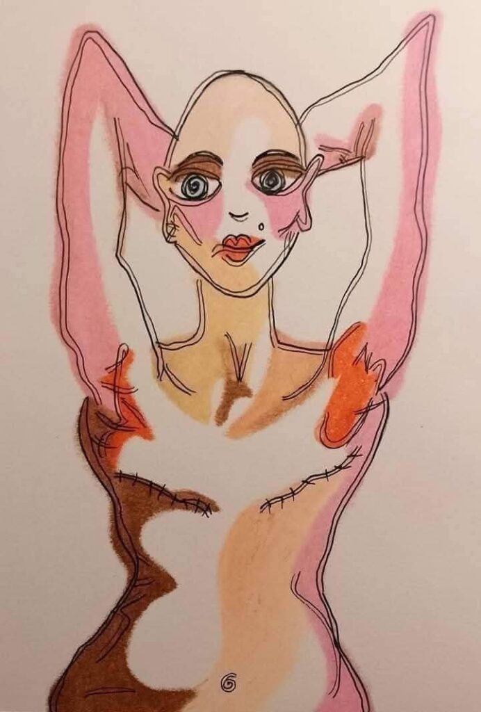 Eva Lilli skitse af kvinde, der har fået foretaget mastectomi.