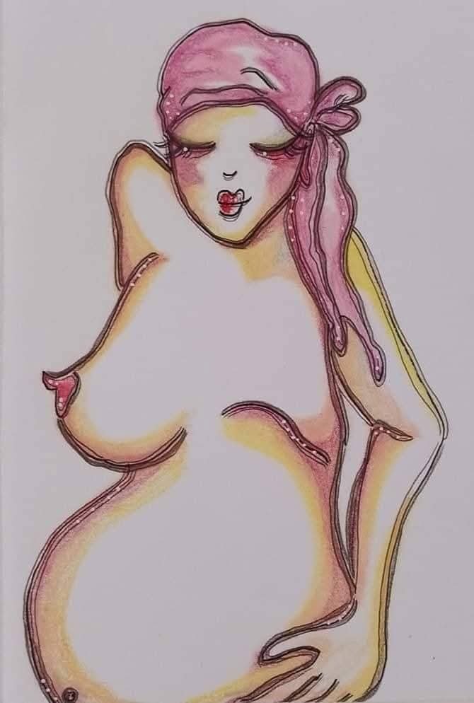 Eva Lilli tegning m farver af kvinde der har fået fjernet et bryst, og har tørklæde på efter kemo.