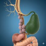 Galdegangskræft symboliseret ved en model af galdevej med grøn avocadolignende galdeblære og et tarmstykke.