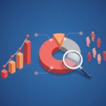 Galdegangskræft symboliseret ved nogle søjlediagrammer og symbolmennesker, en lagkage-diagram i midten med et lille forstørrelsesglas over. Blå baggrund.