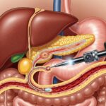 Galdegangskræft symboliseret ved model af lever, galde, bugspytkirtel og galdegange, hvor et instrument er ført ind.
