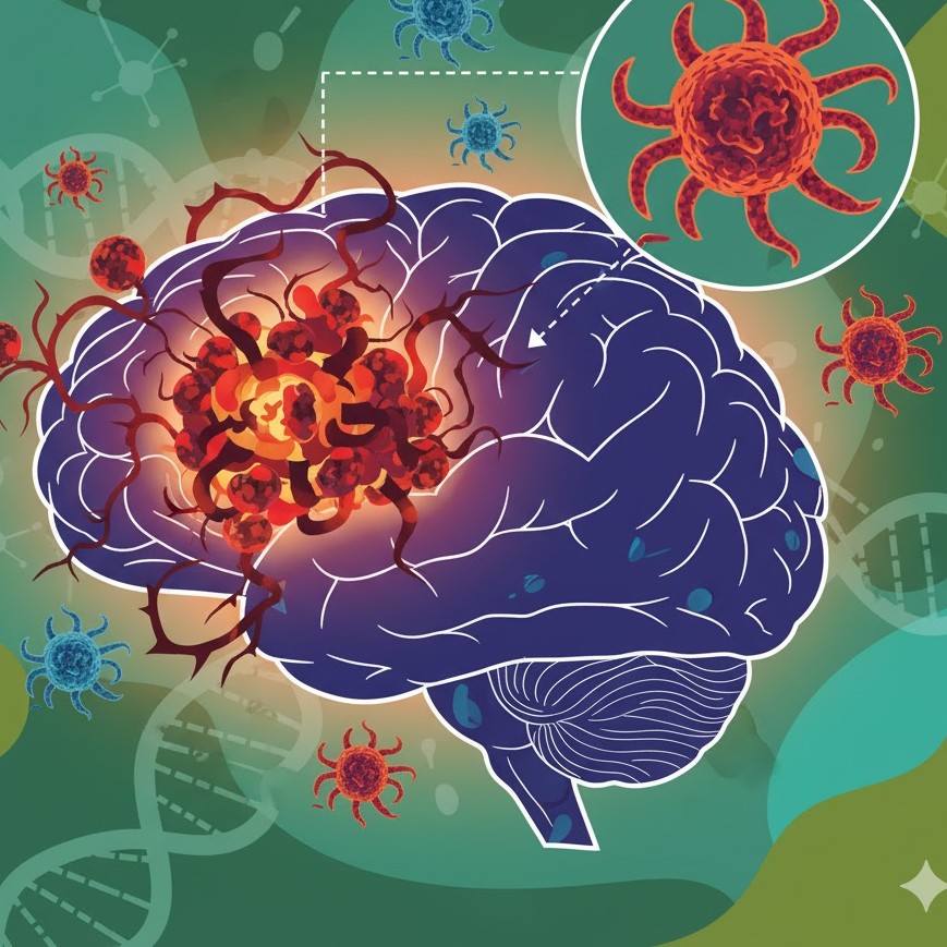 Gliomer symboliseret ved model i lilla af hjerne, hvor et område er vist rødt. Der er genstrenge i baggrunden, der er grønlig.