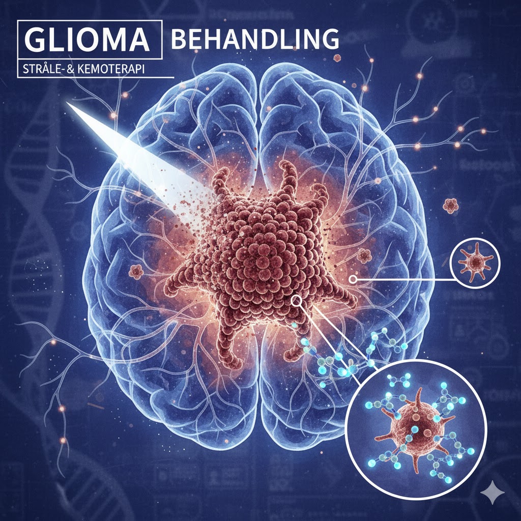 Gliomer symboliseret ved model a hjerne i blå lysende streg med rosa midte. Der vises en lyskegle der stråler mod midten. Blå baggrund.