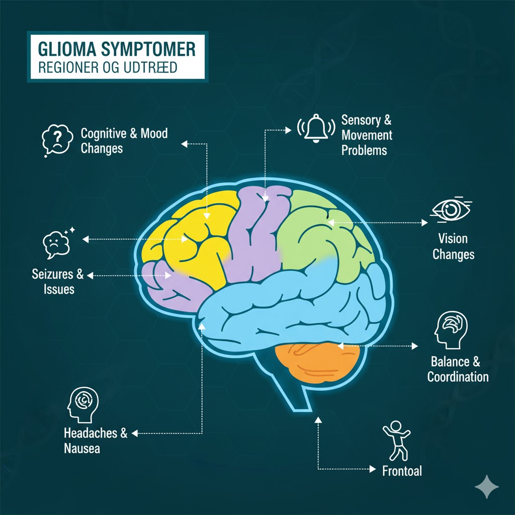 Gliomer symboliseret ved en hjerne og pile til tegn og beskrivelse af områder der kan give symptomer.