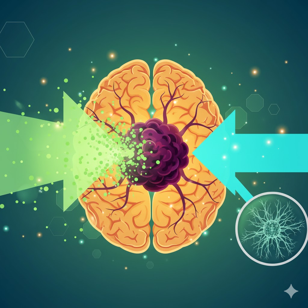 Gliomer symboliseret ved en orange model af hjerne set ovenfra. Brun midte med fremmed område. En grønlig pil fra venstre og en turkis fra højre. Grøn baggrund.