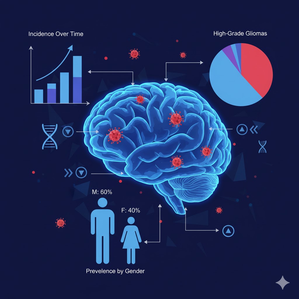 Gliomer symboliseret ved blå model af hjerne, to figurer af mennesker, et diagram i søjle og et lagkagediagram. Mørkeblå baggrund.