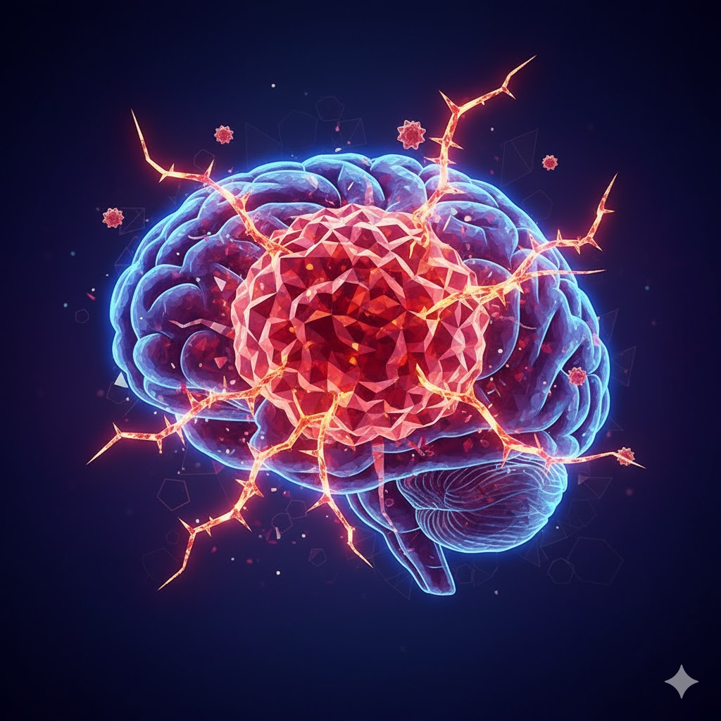 Oligodendrogliom symboliseret ved blå lysende kontur af hjerne med stor rød-rosa element i midten. Dette sender stråler ud i alle retninger. Mørk baggrund.