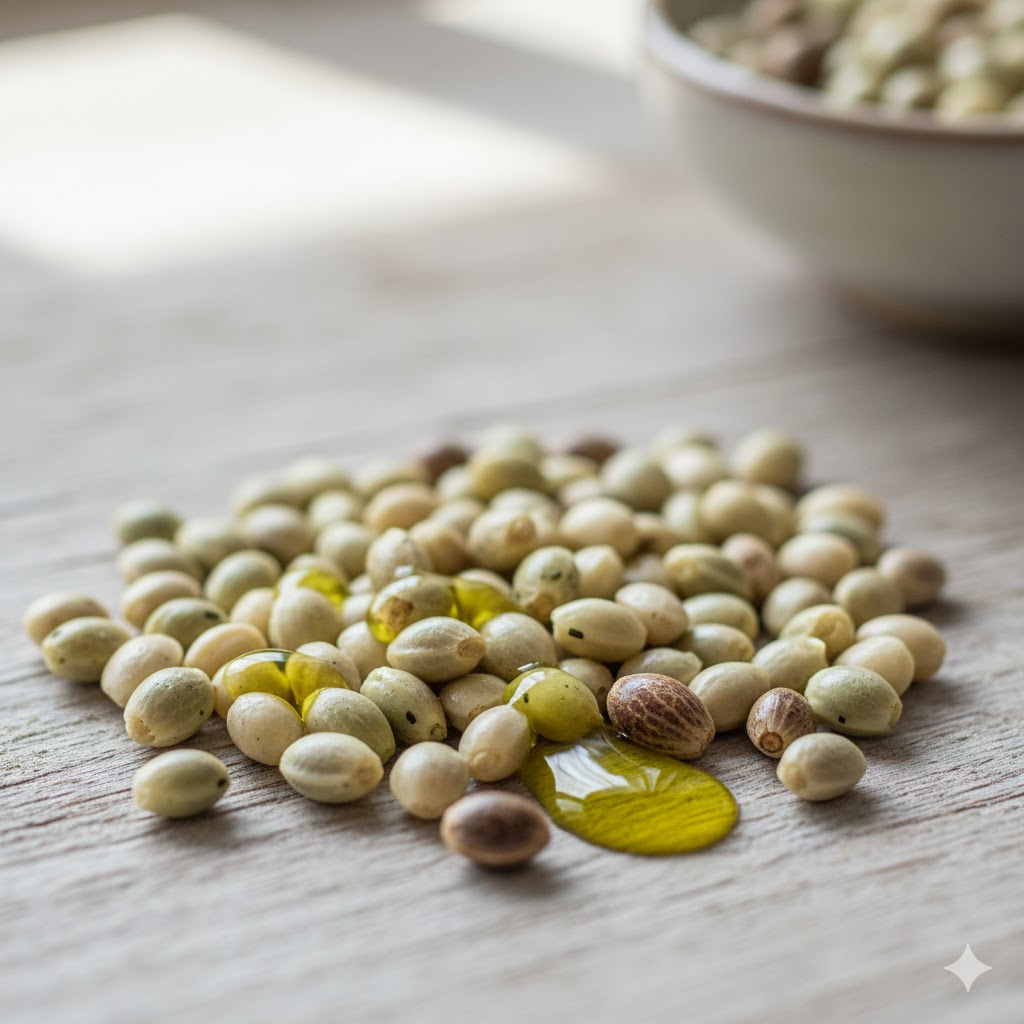 Hampefrø symboliseret ved nogle lyse frøkerner på et bord.