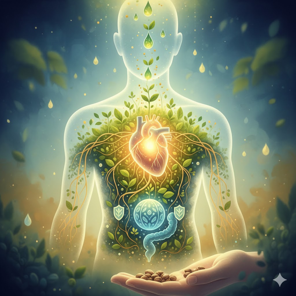 Hampefrø symboliseret ved lysende omrids af menneskes overkrop og en hånd der rækker hampefrø frem. Figuren er gennemsigtig.