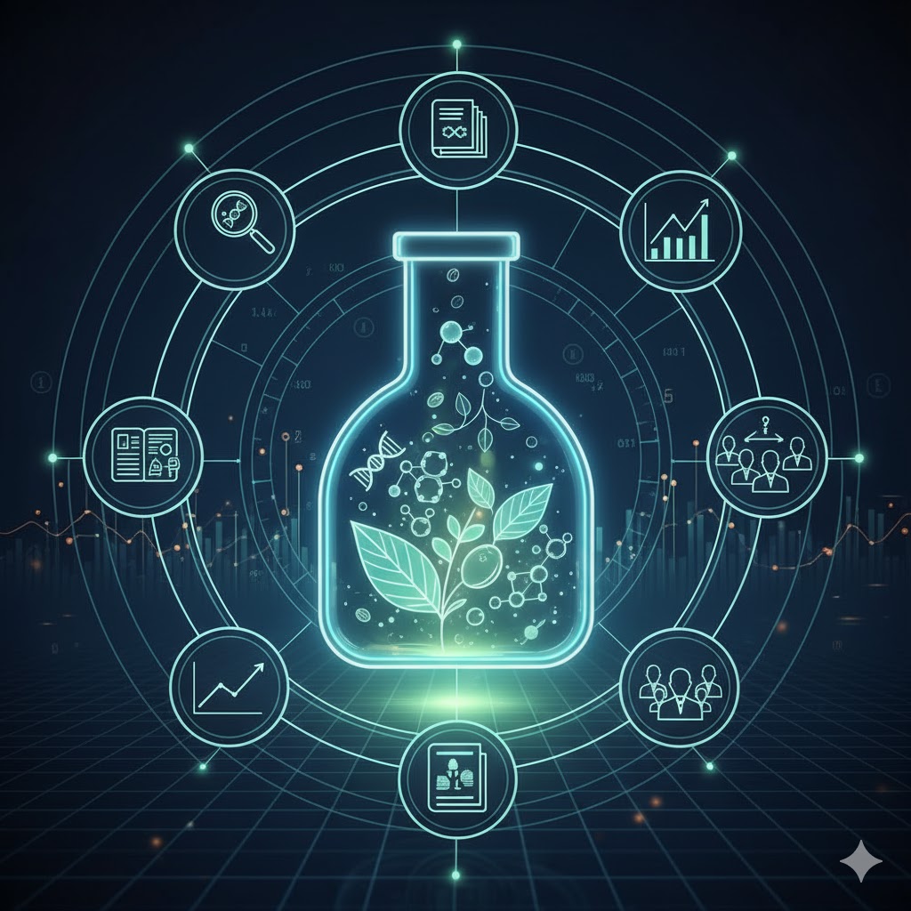 Hampefrø symboliseret ved en tegning af en flaske, hvori der ligger noget hamp. Omkring denne en ring med cirkler i denne, der viser forskellige områder, der forskes i.