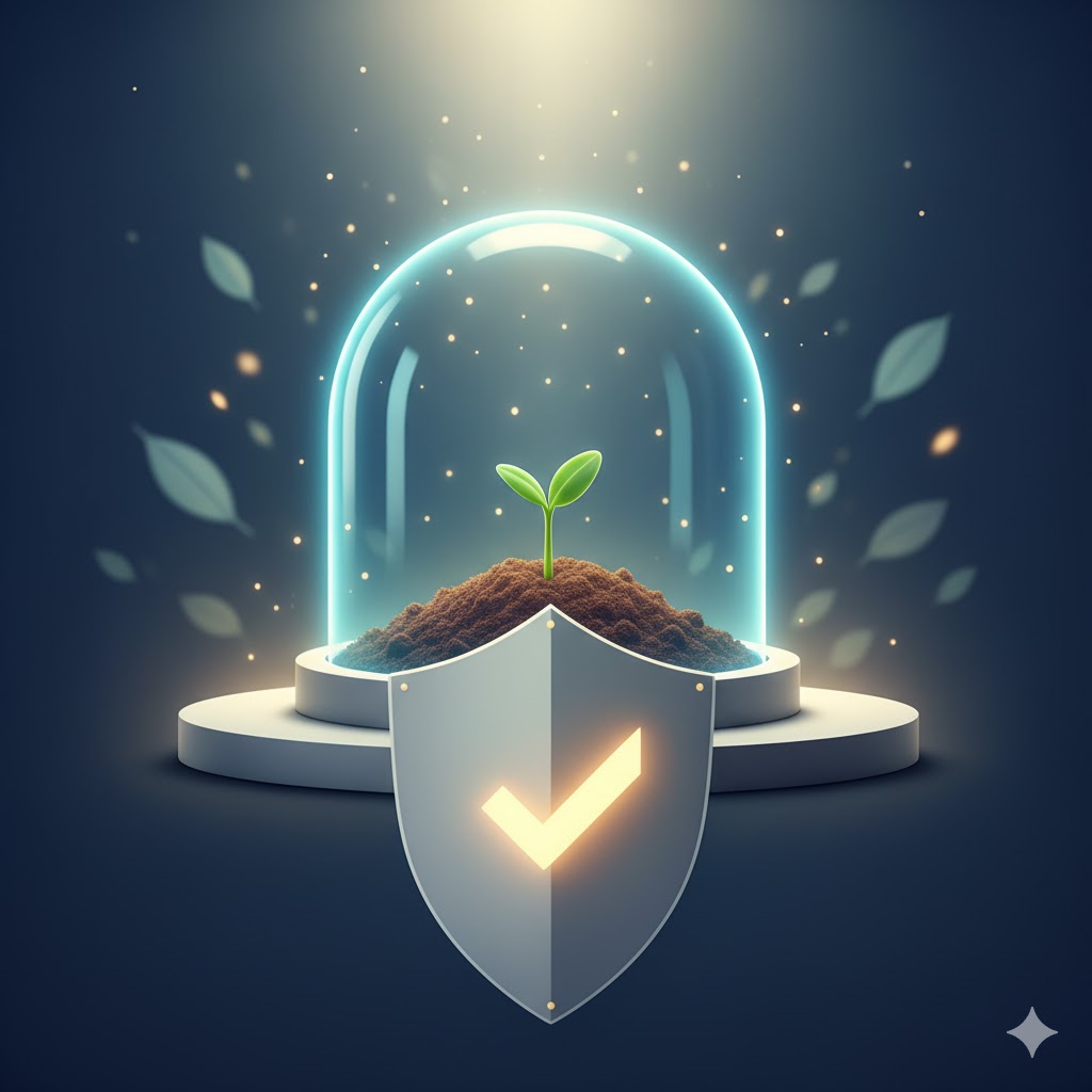 Hampefrø symboliseret ved en klar klokke der står ind over en hampespire. Foran dette et skjold med et v-hak. Blå baggrund.