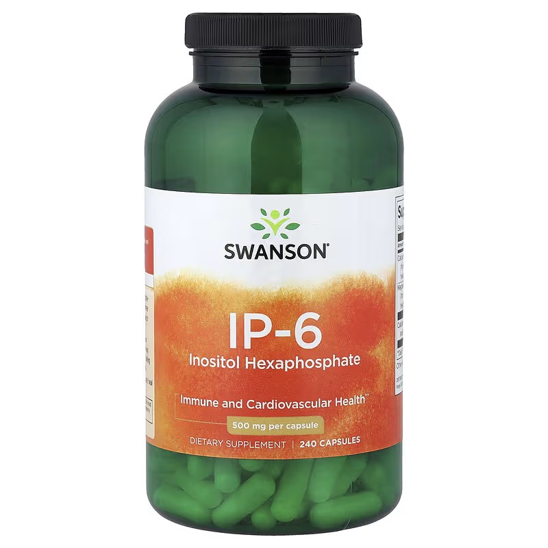 IP6 - Inositol Hexaphosphate Fytinsyre symboliseret ved et grønt pilleglas fra Swanson med påskriften IP-6, Immune- and Cardiovasculare Health.