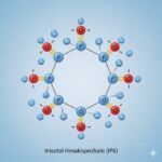 IP6 - Inositol Hexaphosphate Fytinsyre symboliseret ved model af molekylestruktur med blå og røde kugler i en kreds. Lyseblå baggrund.