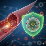 IP6 - Inositol Hexaphosphate Fytinsyre symboliseret ved en grønt skjold foran en cellelignende enhed og en blodårelignende enhed, der er vist opskåret. Blå baggrund.