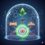 IP6 - Inositol Hexaphosphate Fytinsyre symboliseret ved en gennemsigtig klokke sat ned over model af knogle, kar, immunsystem. Blå baggrund.