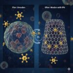 IP6 - Inositol Hexaphosphate Fytinsyre symboliseret ved to billeder af virkning på virus i tynd lys streg. Blå baggrund.