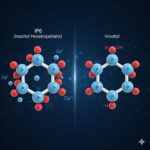 IP6 - Inositol Hexaphosphate Fytinsyre symboliseret ved IP6 molekyle vist til venstre og Inositol til højre. Inositol er mindre kompliceret i forhold til IP6. Blå baggrund.