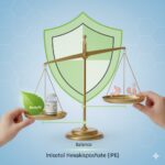 IP6 - Inositol Hexaphosphate Fytinsyre symboliseret ved en sikkerhedsskjold med en vægt foran. Skålene holdes af hænder. Der balancerer de forskellige fordele ved indtag med risici.