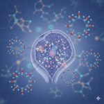 IP6 - Inositol Hexaphosphate Fytinsyre symboliseret ved en skifte af en overskåret knoglekontur. En masse farvede kugler omkring dette. Blå baggrund.