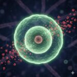 IP6 - Inositol Hexaphosphate Fytinsyre symboliseret ved nogle turkise cirkler med et lysebrunt center. Blå baggrund med brune cirkler som bobler omkring.