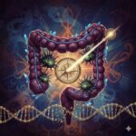 Kolorektal kræft symboliseret ved et lilla forløb af tyktarm og endetarm med dna-streng i bunden og et lys indover. Blå-lilla baggrund.