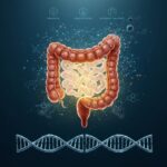Kolorektal kræft symboliseret ved tyktarms- og endetarmsforløb med tarmkrøs på blå baggrund. Under dette er en dna-streng, der er brudt i midten.