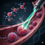 Kolorektal kræft symboliseret ved nogle kræftlignende kugler i et rørforløb der er overskåret, så man kan se ind. En blæserlignende instrument sender lysstråler med den største kugle.